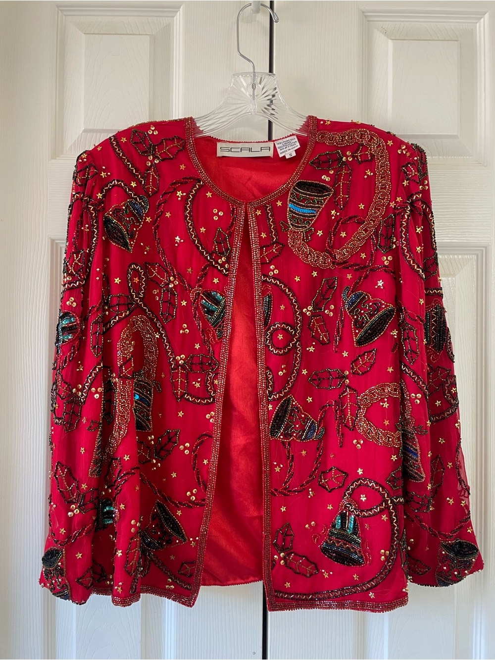 Vintage Scala 100% Silk Beaded Sequin Christmas Holiday Evening Jacket Size S